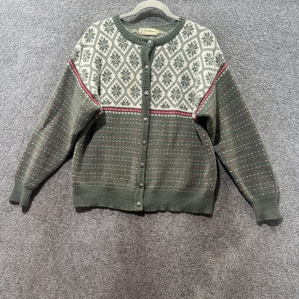 Vintage LL Bean Cardigan Sweater Women XL Green Fair Isle 100% Wool Button‎ Up
